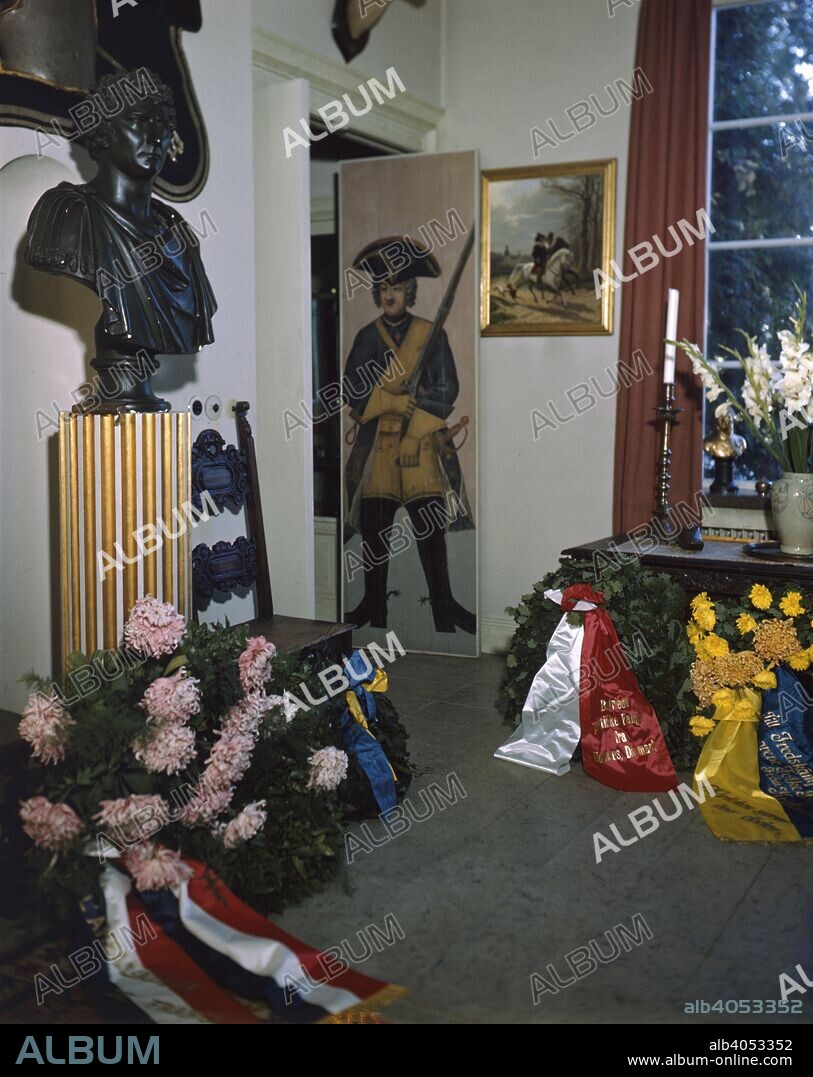 The funeral of Count Folke Bernadotte, Gustav Vasa Church, Stockholm, Sweden, 1948. Vice-president of the Swedish Red Cross, Count Folke Bernadotte (1895-1948) negotiated for the release of over 30,000 prisoners from German concentration and prisoner-of-war camps in World War II. He became the United Nation Security Councils' mediator after the Arab-Israeli conflict of 1947-1948. He was assassinated, along with UN observer Colonel André Serot, in Jerusalem on 17 September 1948  by members of the Zionist extremist 'Stern Gang'.