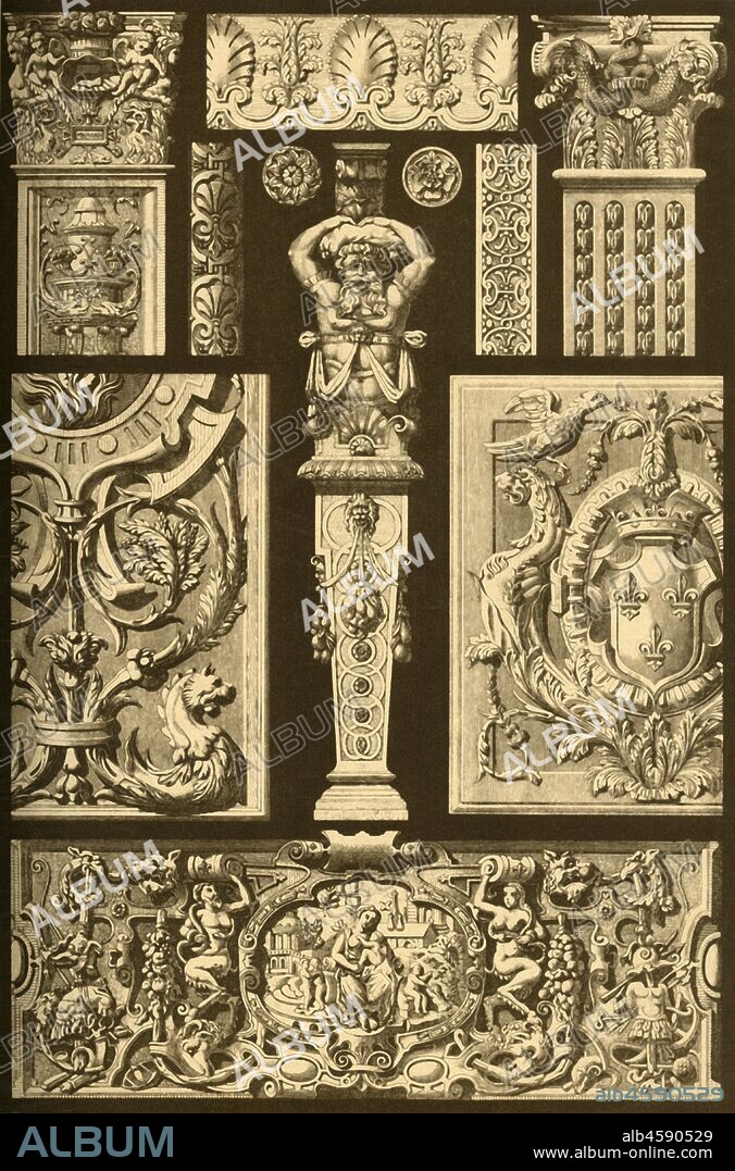 French Renaissance ornaments in stone and wood, (1898). 'Fig 1: Pilaster-capital from a chimney in the Hôtel Lasbordes at Toulouse (François I), [16th century]. Fig 2: Carved panel on the wainscot of the gallery of François I in the castle at Fontainebleau. Fig 3: Carved panel-ornament from a door in the Justice-palace at Dijon (François I till Henri II). Fig 4: Torus-decoration in the chapel of the Castle at Anet (Henri II), [16th century]. Fig 5: Decoration of a window-frame on the Louvre at Paris (Henri II). Fig 6: Wood-rosette from the gallery of Henri II in the Castle at Fontainebleau. Fig 7: Rosette from a chimney in the Castle at Anet (Henri II.). Fig 8: Herma from the Hôtel d'Assezat at Toulouse (Henri II). Fig 9: Panel on a chimney in the Museum of the Hôtel de Cluny at Paris (Henri II.). Fig 10: Wood-carved panel on a door of the chapel near the Castle at Anet (Henri II). Fig 11: Capital from the baptistery of Louis XIII [17th century] in the Castle at Fontainebleau'. Plate 62 from "The Historic Styles of Ornament" translated from the German of H. Dolmetsch. [B.T. Batford, London, 1898].