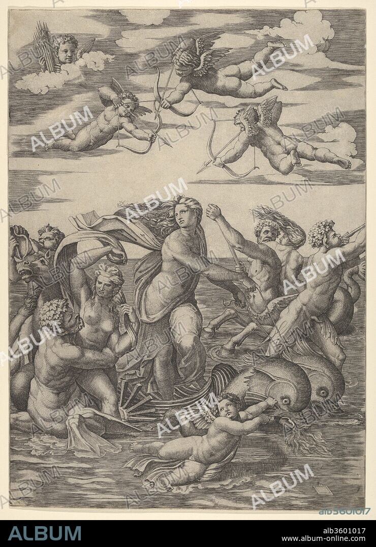 Galatea standing in a water-chariot pulled by two dolphins, surrounded by tritons, nereids, and putti, three of which prepare to shoot arrows from above. Artist: Marcantonio Raimondi (Italian, Argini (?) ca. 1480-before 1534 Bologna (?)); After Raphael (Raffaello Sanzio or Santi) (Italian, Urbino 1483-1520 Rome). Dimensions: Sheet: 15 3/4 x 11 5/16 in. (40 x 28.7 cm). Date: ca. 1515-16.