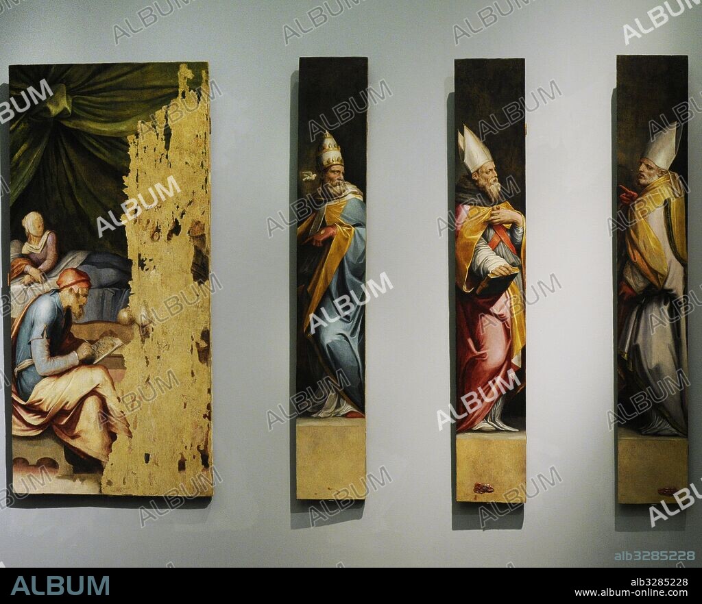 16 pinturas sobre tabla de la Sacristía de la Iglesia de San Giovanni a Carbonara en Nápoles. Obra del pintor italiano Giorgio Vasari (1511-1574), con la cooperación de Cristofano Gherardi (1508-1556). Finalizadas en 1546. Representa la historia del Antiguo Testamento y la Vida de San Juan Bautista. De izquierda a derecha: "Nacimiento de Juan Bautista,?, San Agustín, San Ambrosio". Museo de Capodimonte, Nápoles. Italia.