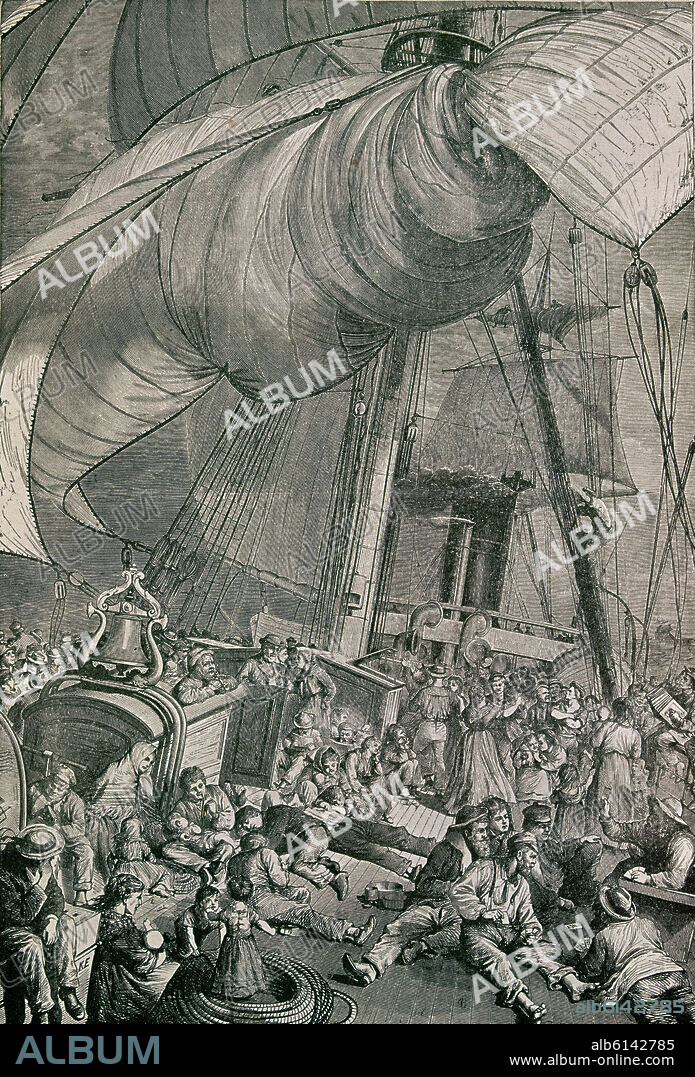 "LA ILUSTRACION GALLEGA Y ASTURIANA"-GRAB:BUQUE DE EMIGRANTES CON DESTINO A AMERICA - 1880.