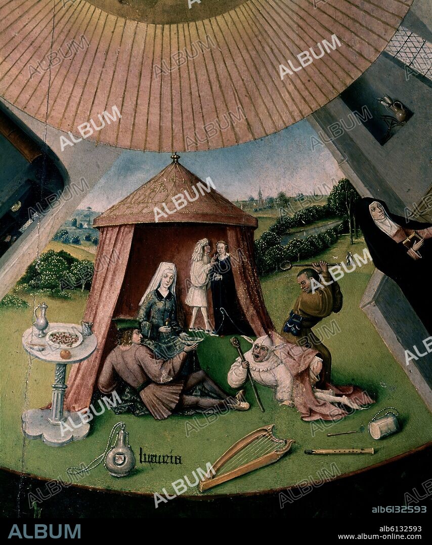 JHERONIMUS VAN AKEN-EL BOSCO-J. BOSCH. MESA DE LOS PECADOS CAPITALES - DETALLE DE LA LUJURIA - 1480 - O/T - NP 2822 - GOTICO FLAMENCO - CONJUNTO 1101.