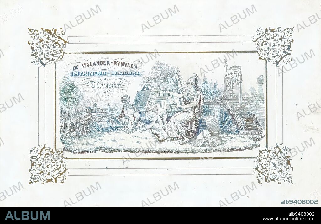 Business card of printing and bookstore De Malander-Rynvaen in Ronse, Allegorical representation with Minerva holding an oak leaf and laurel wreath, three putti around an easel and in the background a printing press. Scattered on the ground are several books, a view of the town of Ronse ahead., print maker: J. Bevernaege, (possibly), printer: J. Bevernaege, (possibly), Oudenaarde, c. 1850, Material, height 114 mm × width 175 mm.