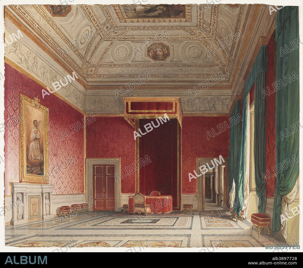 FRANZ HEINRICH. Sala del Thorvaldsen, Rome. Date/Period: 1845. Drawing. Pen and brown ink, brush and watercolor, white gouache, graphite on heavy white paper.