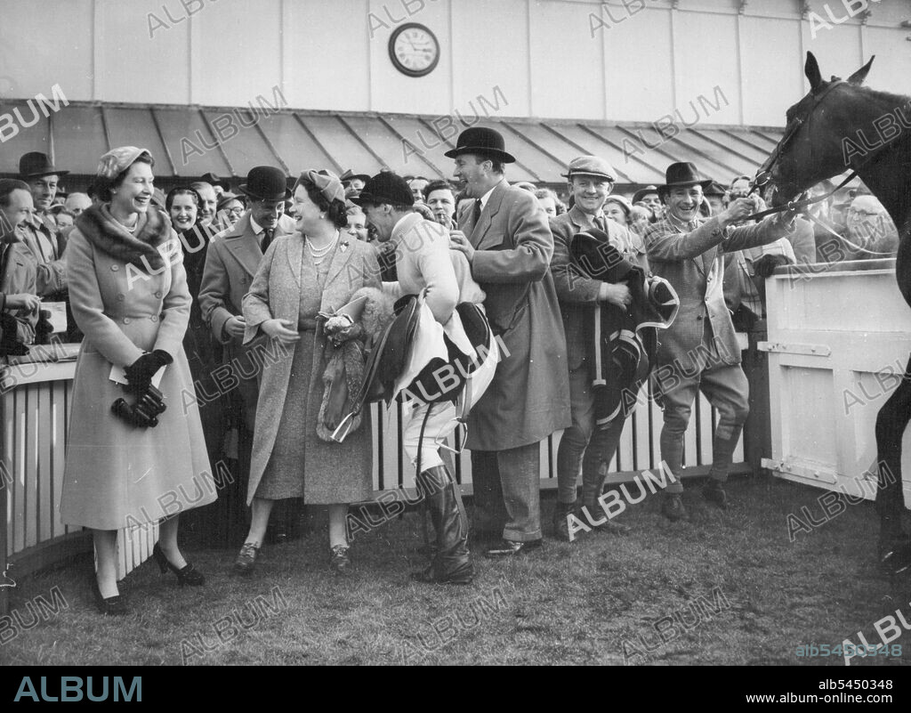 Queen Mother Wins Race - Queen Elizabeth II and Elizabeth the Queen Mother No. 1 Box at Hurst park today February 5 talking to Bryan Marshall who rode loch devon the Queen Mother's horse, to victory in the £1000 55th anniversary new century steeplechase. February 16, 1955. (Photo by Associated Press Photo).