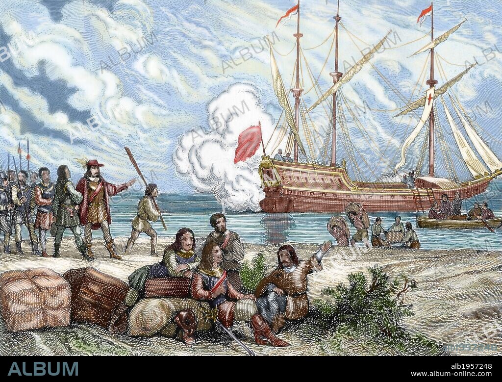 Pedro de Valdivia (ca. 1500- 1553). Spanish conquistador and the first royal governor of Chile. Landing of Pedro de Valdivia on the coast of Arauco (Chile). Colored engraving.