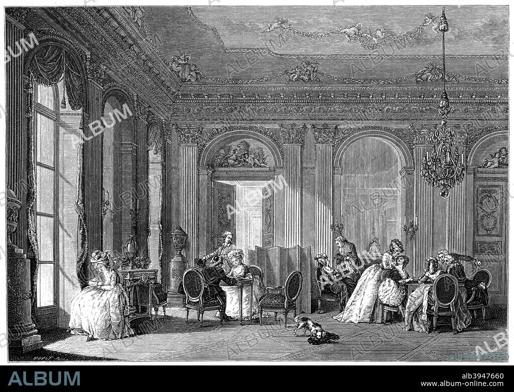 Louis Quinze Living-Room, (1885). An interior decorated in the style known as Louis Quinze, popular c 1700-1750 during the regency and reign of King Louis XV. Illustration from 18th Century Institutions, Usages And Costumes, France 1700-1789, by Paul Lacroix, (Paris, 1885).