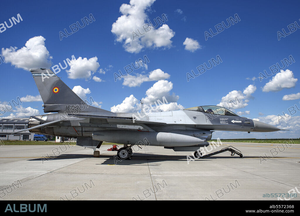 Romanian Air Force F-16AM Fighting Falcon, improved to mid-life upgrade (MLU) 5.2R standard, seen on the ramp at 86th Air Base, Borcea, Romania, home of the 53rd Fighter Squadron.