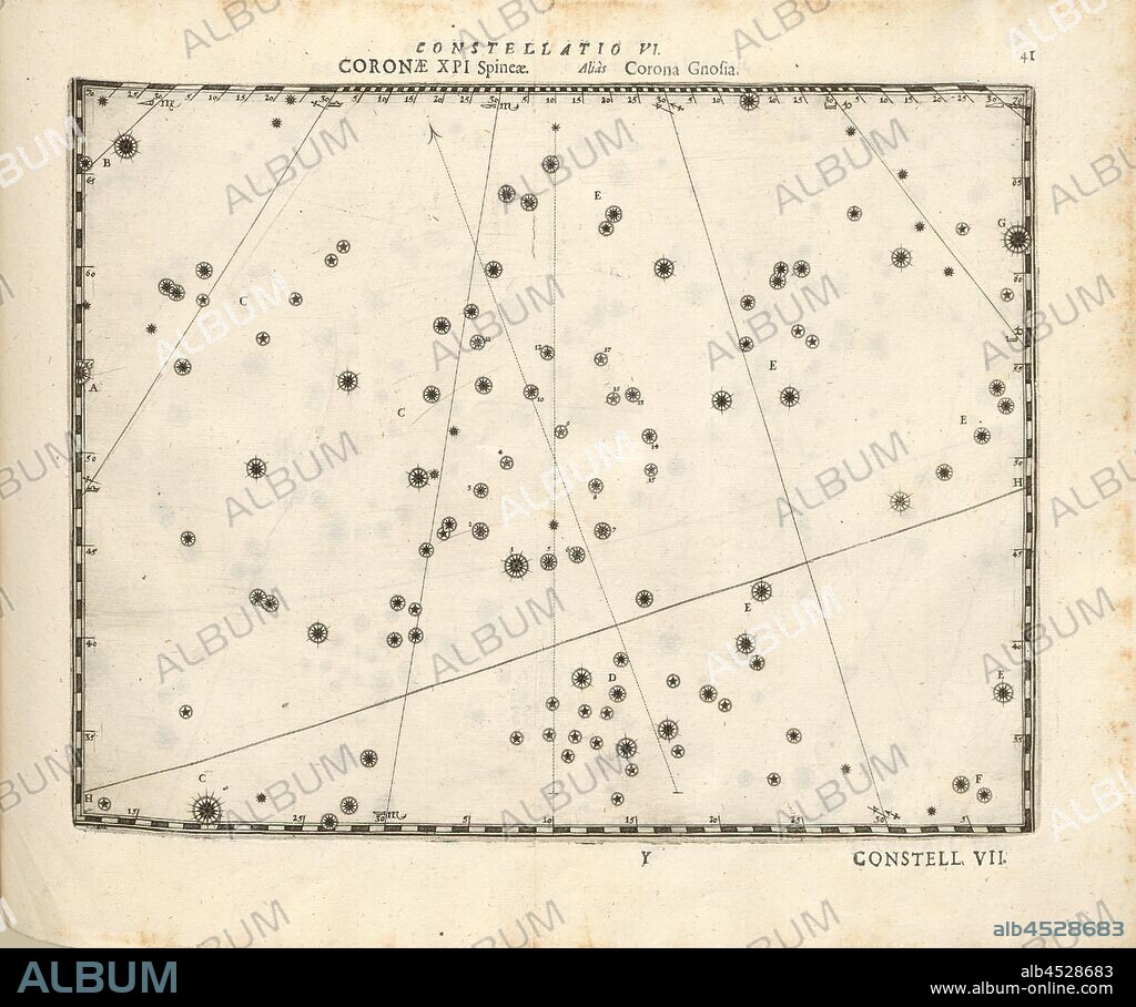 Gnosia crown, Constellation Corona Borealis (Northern Crown), Constellatio VI, p. 41, Bayer, Johann; Schecks, Kaspar, 1627, Julius Schiller, Johann Bayer, Kaspar Schecks: Coelum stellatum christianum convexum (...). Augustae Vindelicorum [Augsburg]: praelo Andreae Apergeri, 1627.