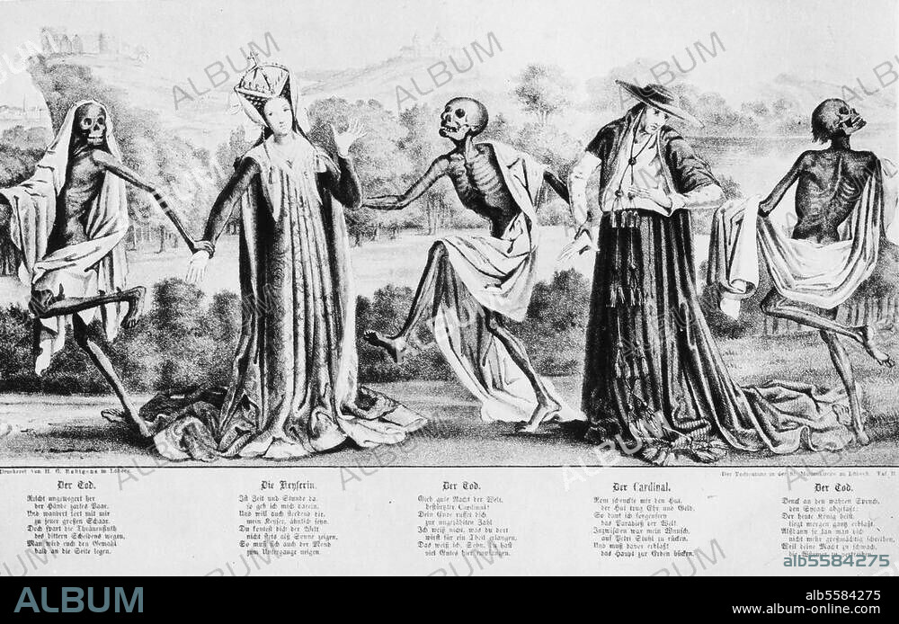 BERNT NOTKE. Notke, Bernt. German painter, c. 1440 - 1509. "Totentanz" (Dance of Death), c. 1463/66. Detail: Empress / Cardinal. Lithograph after a painting (copy, 1701, by A.Wortmann). Previously in Lübeck (Germany), Marienkirche (church of St Mary), destroyed 1942 during WWII.