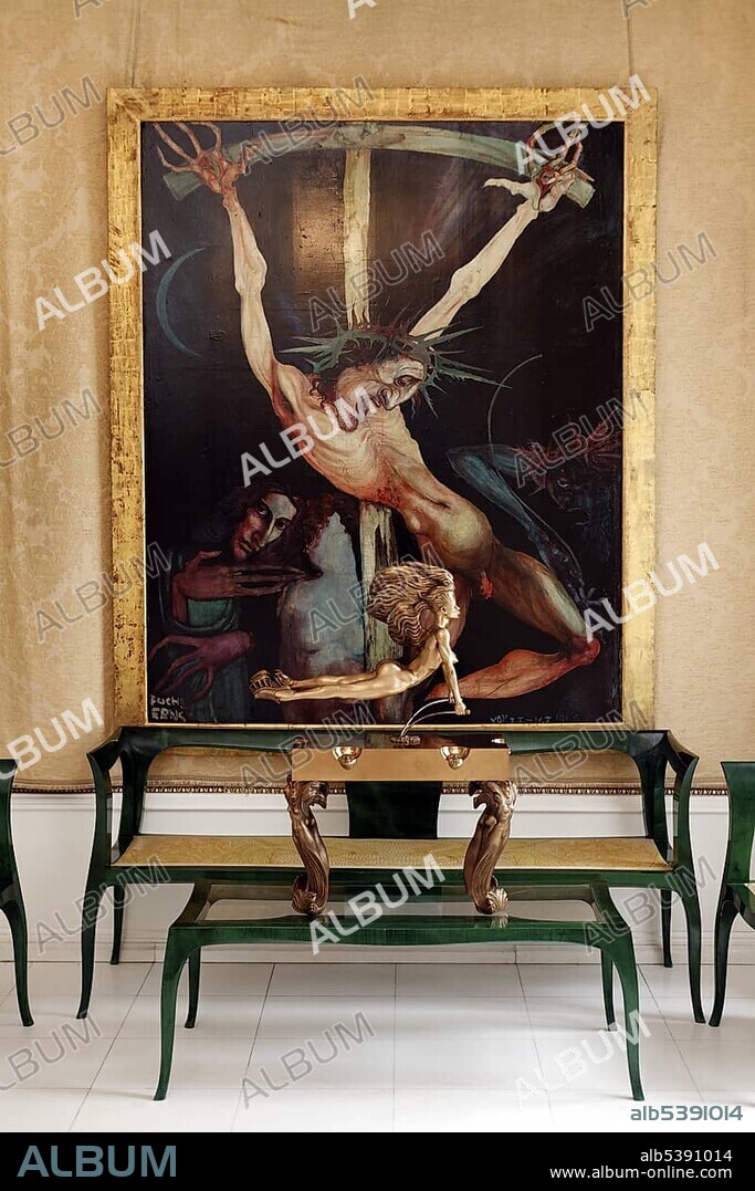 Lounge with a painting of the crucifixion, Ernst Fuchs Museum, former mansion of architect Otto Wagner, Vienna, Austria, Europe.
