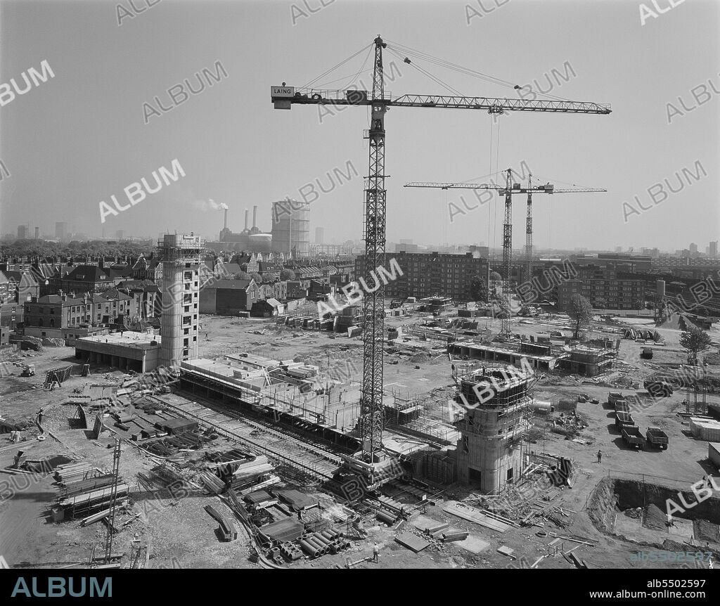 JOHN LAING PLC. Doddington Estate, Battersea, Wandsworth, London, 30/05/1968. A view looking north-east over the Doddington Estate during the early stages of construction. The Doddington Estate, just off Battersea Park Road, was designed by architects Emberton, Tardrew & Partners. The estate, which included tower blocks of flats, was built between 1967-71 by Laing for Wandsworth London Borough Council. It was built using their 12M Jespersen building system, consisting of prefabricated parts and precast concrete panels produced at their concrete factory in Andover.