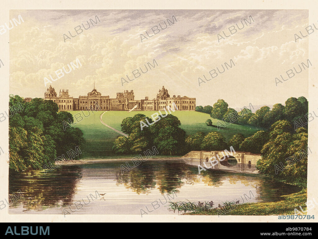 Blenheim Palace, Oxfordshire, England. English Baroque-style palace built by Sir John Vanbrugh for John Churchill, 1st Duke of Marlborough in the early 18th century. Colour woodblock by Benjamin Fawcett in the Baxter process of an illustration by Alexander Francis Lydon from Reverend Francis Orpen Morriss Picturesque Views of the Seats of Noblemen and Gentlemen of Great Britain and Ireland, William Mackenzie, London, 1880.