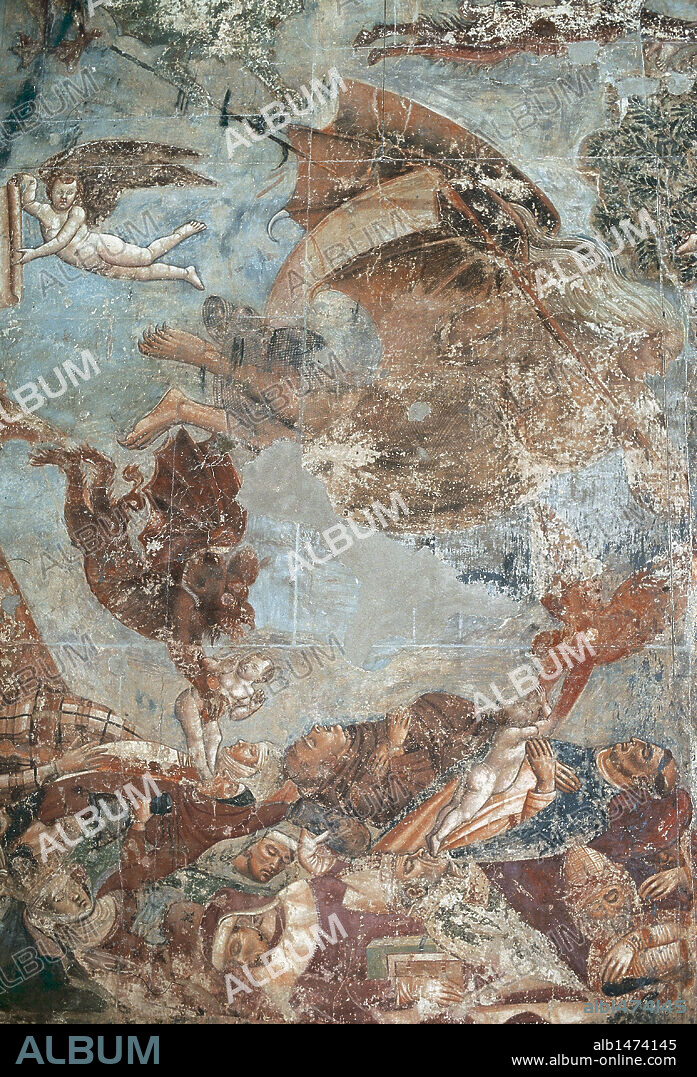 ARTE RENACIMIENTO. ITALIA. Francesco TRAINI (s. XIV). Pintor italiano. FRESCO DEL JUICIO FINAL. ANGELES Y DEMONIOS LUCHAN POR LAS ALMAS (1350). Cementerio Monumental de Pisa.