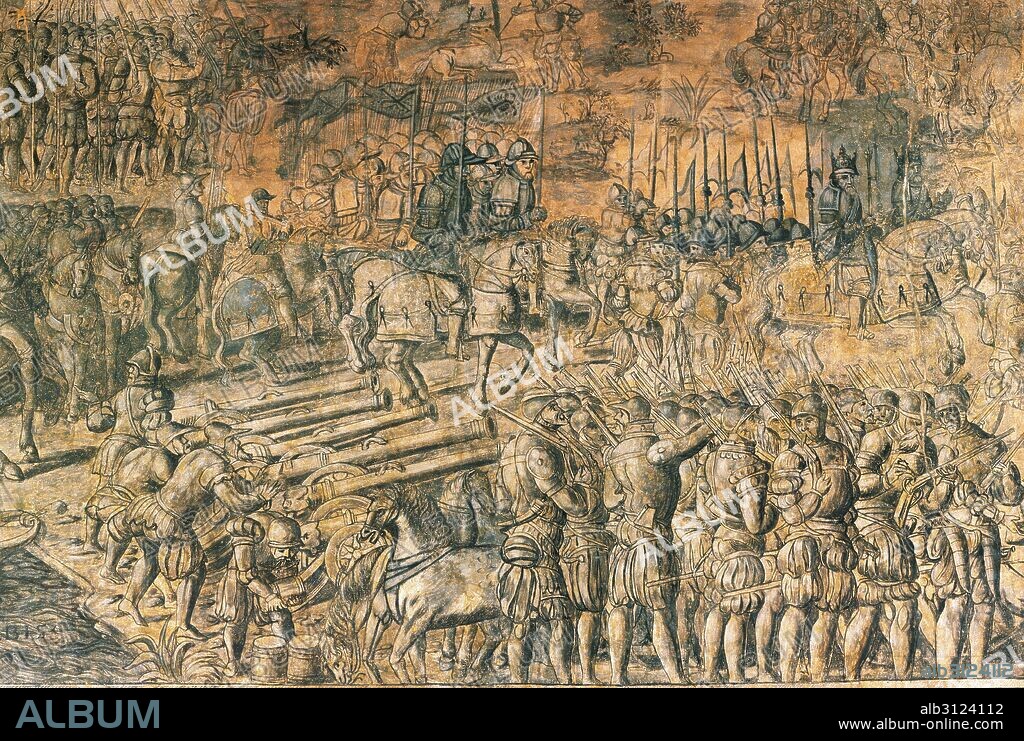 GUERRAS DE RELIGION. CAMPAÑA DEL EMPERADOR CARLOS V DE ESPAÑA CONTRA LOS PRINCIPES PROTESTANTES. (Hacia 1540-1547). "EL SOCORRO DE INGOLSTADT". Pinturas murales pertenecientes al siglo XVI, hechas todas en grisalla. Proceden del Palacio de Oriz, situado en el Valle de Elorz (Navarra). Museo de Navarra. Pamplona.