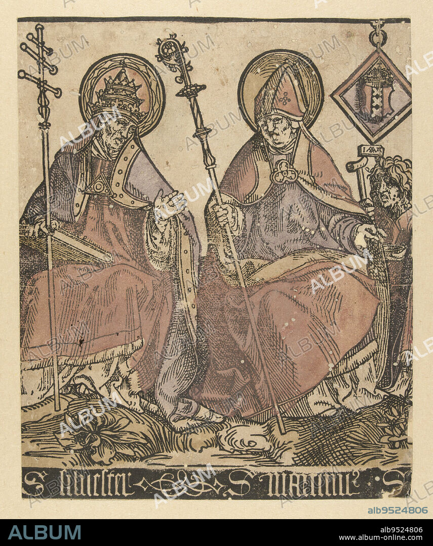 Left half of a print. From series of three prints printed from six blocks. Saint Sylvester and Saint Martin, both seated side by side in great ornament, Sylvester on the left, Martin on the right. The first has a tiara on his head and is holding a book in his lap, the other with a mitre on his head appears to be giving alms to a beggar who is standing behind him with a stool in his hand. Above the beggar hangs a plate with the coat of arms of Amsterdam. Beneath the picture S. silvester, S. martinus S., The saints Silvester and Martin with Anna in Three (series title), print maker: Jacob Cornelisz van Oostsanen, (mentioned on object), 1509 - 1513, paper, h 240 mm × w 195 mm.
