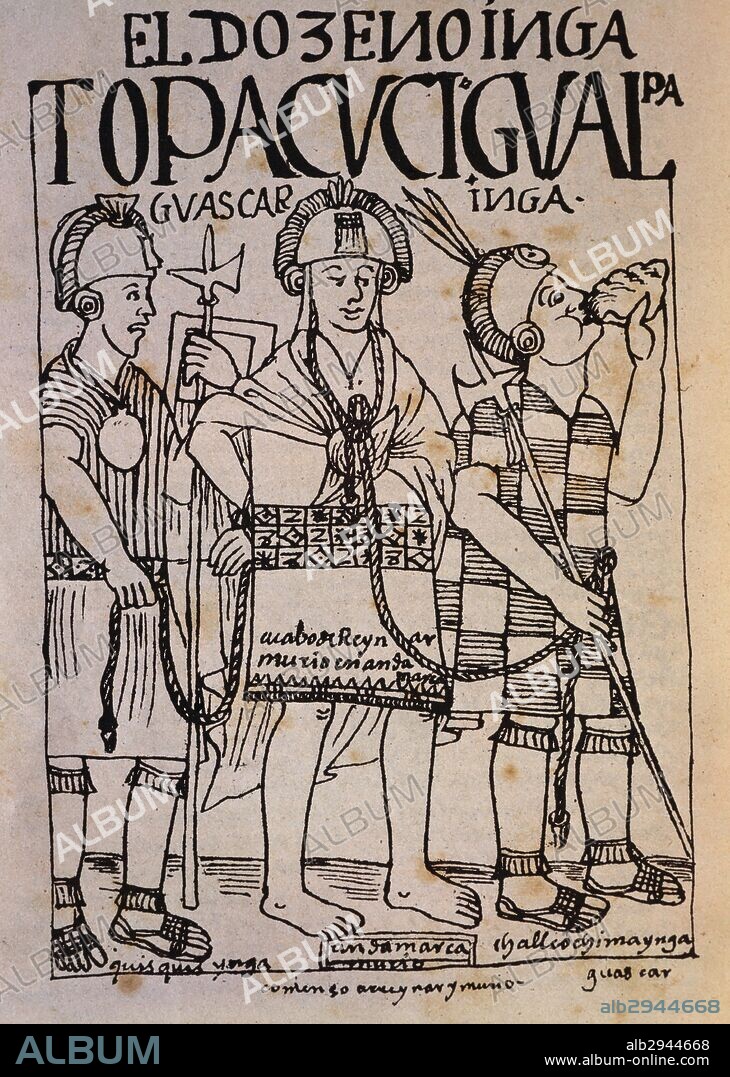 The Incan Atahualpa prisoner of the Spaniards, engraving from Nueva coronica y buen gobierno (New Chronicle and Good Government) by Felipe Guaman Poma de Ayala (1534-1556 - 1615-1644), 1615.