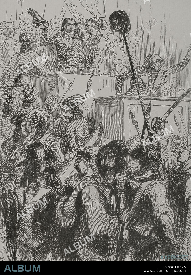 Revolución Francesa. La Convención Nacional (1792-1794). Sustituyó a la Asamblea Legislativa en septiembre de 1792, mediante sufragio universal, aboliendo la monarquía e implantando una república. Los insurrectos invadiendo la Asamblea. Grabado. Los Héroes y las Grandezas de la Tierra. Tomo V. 1855.