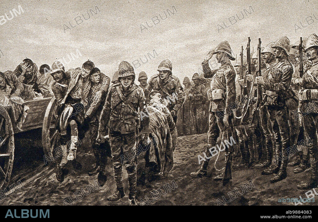 Boer War, Soldiers greet the wounded outside the battlefield at the Modder River, 1899, Soldiers. Military Uniforms, War Wounded, Ambulance, Historic, digitally restored reproduction from an original of the period.