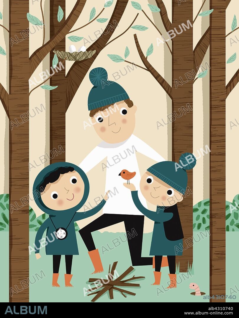 Father and children enjoying nature in woods.