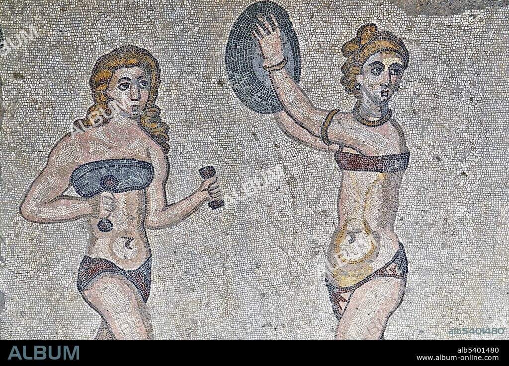 Mosaic "Bikini Girls", Roman Villa Romana del Casale, Unesco World Heritage Site, near Piazza Armerina, Sicily, Italy, Europe.