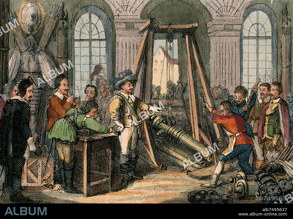 Gustav II. Adolf, König von Schweden (1611-32); 1594-1632. "Gustav Adolf in München läßt die im Zeughaus vergrabenen Kanonen (...) aufheben" (17. Mai 1632). Federlithographie, altkoloriert, unbez. Aus: L.Flathe, Gustav Adolf und der dreißigjährige Krieg, 4. Bd., Dresden (Eduard Pietzsch) 1842, vor S. 823. Berlin, Sammlung Archiv für Kunst und Geschichte.