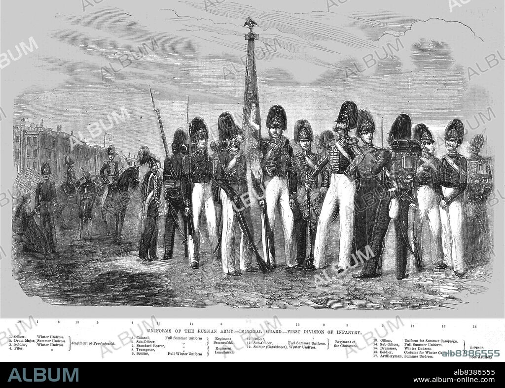 'Uniforms of the Russian Army - Imperial Guard - First Division of Infantry', 1854. From "Cassells Illustrated Family Paper; London Weekly 31/12/1853 - 30/12/1854".
