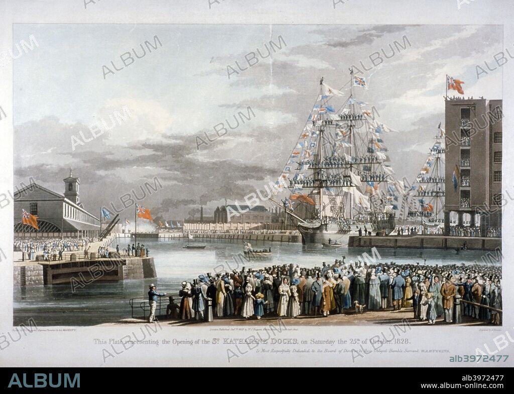 The opening of St Katharine's Dock, London, 1828. The docks were the only major project to be undertaken in London by the famous engineer Thomas Telford.
