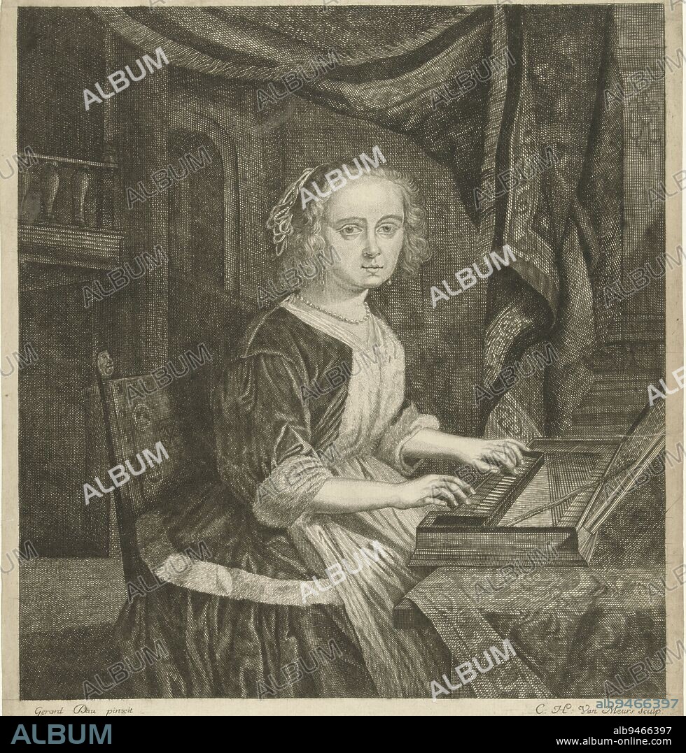 A young woman plays the clavichord Below in the margin a two-line verse in French, Young Woman Playing the Clavichord A young woman at the clavichord, print maker: Cornelis-Henricus van Meurs, (mentioned on object), print maker: Cornelis Hubert van Meurs, (rejected attribution), after: Gerard Dou, (mentioned on object), Northern Netherlands, c. 1720 - c. 1730, paper, etching, engraving, h 317 mm × w 268 mm.