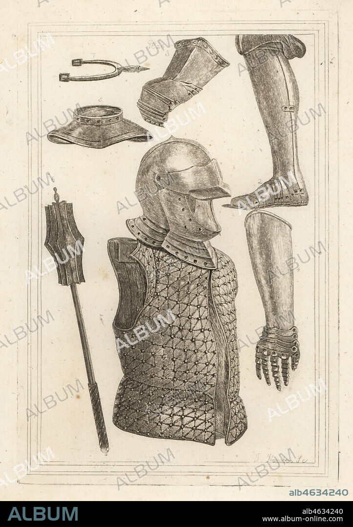 Helmet and brigandine 1, iron greave or leg armour 2, gauntlet belonging to John of Gaunt 3, iron gauntlet 4, gorget 5, iron mace 6, antique iron pryck spur 7. Copperplate engraving by J. Hamilton from Francis Grose's Military Antiquities respecting a History of the English Army, Stockdale, London, 1812.