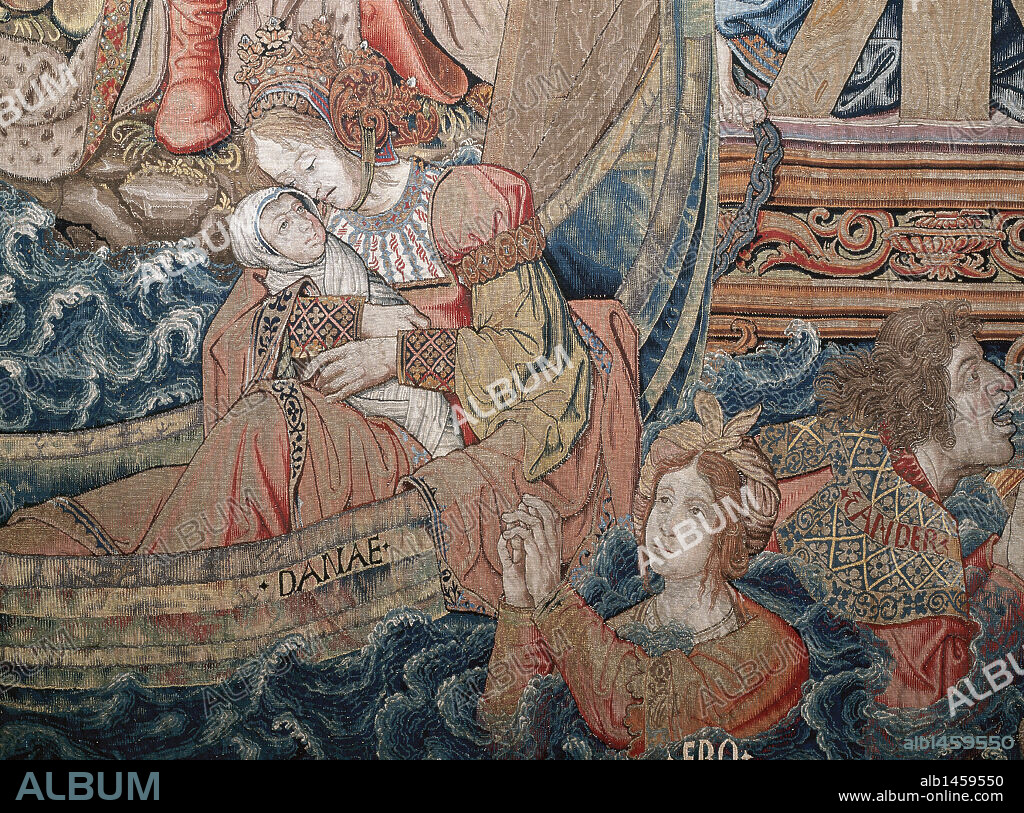 ARTE RENACIMIENTO. ESPAÑA. 'DANAE Y SU HIJO PERSEO SON RESCATADOS, TRAS SER ARROJADOS AL MAR POR ACRISIO, PADRE DE DANAE Y REY DE ARGOS'. Detalle de uno de los ocho tapices de la serie 'HONORES Y VIRTUDES', realizado en Bruselas a mediados del S. XVI. Lana, seda y plata. Sala 3. Museo de los Tapices. Palacio Real de la Granja de San Ildefonso. Provincia de Segovia. Castilla-León. (Patrimonio Nacional) .