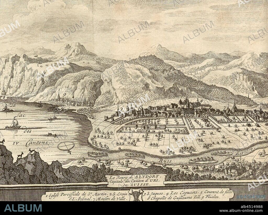 Le Bourg d'Altdorf, capitale du Canton d'Uri, en Suisse, Bird show map with Altdorf on Lake Lucerne with Reuss, in the background: Flüelen, S. 407 (Bd. 2), 1730, Johann Georg Altmann: L'état et les délices de la Suisse, en forme de relation critique, par plusieurs auteurs célèbres. Amsterdam: chez Wetsteins et Smith, 1730.