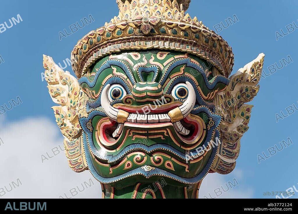 Close up, statue of giant Yaksha demon guarding gates of Grand Palace, Bangkok, Thailand, Asia.