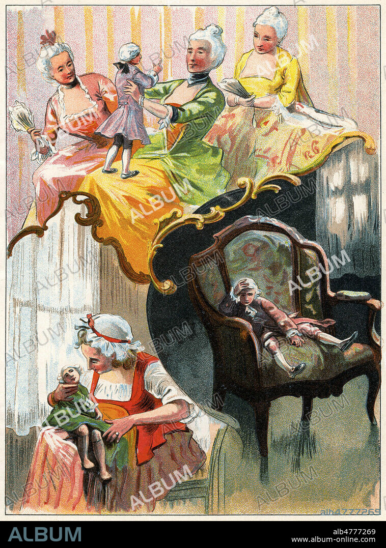 Nicolas FERRY (1741-1764) a la cour de Versailles, seul et melancolique et mourrant dans les bras de sa mere. Illustration anonyme pour Histoire de BEBE le nain du roi de Pologne. Coll. Jonas/Kharbine-Tapabor.