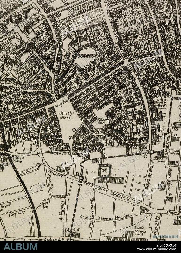 WENCESLAUS HOLLAR and JOHN LEAKE. Map of the area around Smithfields, Ludgate, Aldersgate from a close study of the ruins of the city of London after the Great Fire of London, in 1666. . A map or groundplot of the citty of London and the suburbes thereof that is to say all which is within the iurisdiction of the Lord Mayor or properlie calld't Londo : by which is exactly demonstrated the present condition thereof since the last sad accident of fire. The blanke space signifeing the burnt part & where the houses are exprest, those places yet standig / W. Hollar fecit, 1666. [London] : sould by Iohn Overton at the White horse, in little Brittaine, next doore to little S. Bartholomew gate, 1666. 1 map ; 21 x 35 cm; Scale not given. Source: Maps Crace Port.2.54 (Detail).