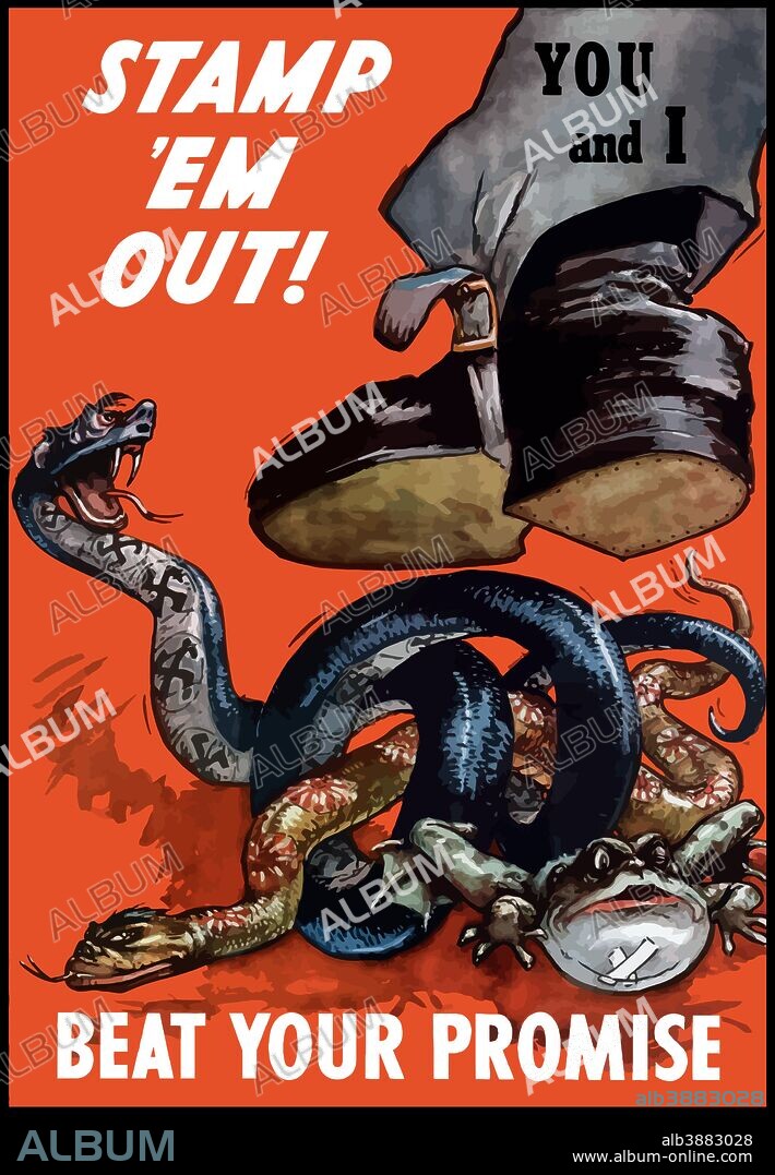 Digitally restored war propaganda poster. This vintage World War II poster features a boot labeled You and I stamping down on two snakes and a bullfrog representing Germany and Japan. It declares - Stamp 'Em Out! Beat Your Promise.