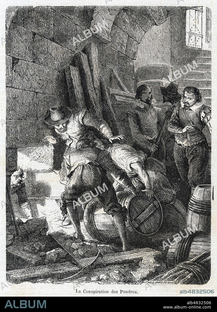 La Conspiration des Poudres (Attentat contre le roi d'Angleterre JACQUES 1er dejoué en 1605). Illustration de 1854 par Felix PHILIPPOTEAUX (1815-1884) pour Histoire d'Angleterre par David HUME (1711-1776). Credit :Coll. Jonas/KHARBINE-TAPABOR.