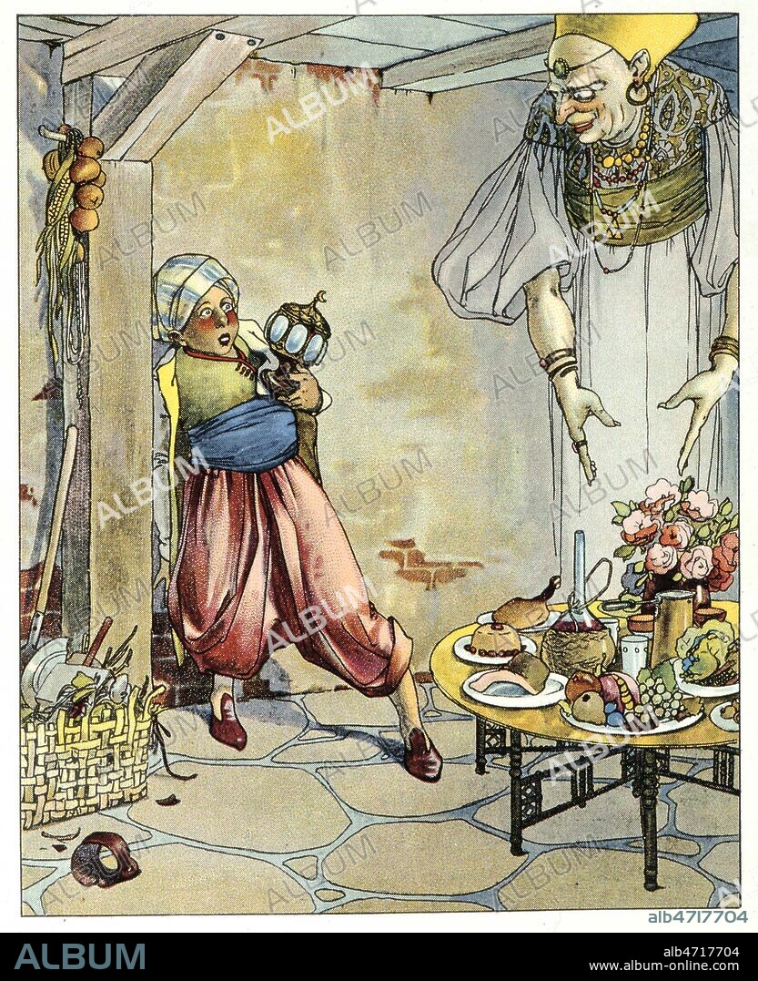 Conte des 1000 et 1 nuits: ALADDIN et la Lampe Merveilleuse : le genie de la lampe offre a Aladin une table chargee de victuailles. Contes de l'ombre et de la Lumiere, 1922, illustration de Karl SIMUNEK (1869-1942). Credit Kharbine Tapabor.