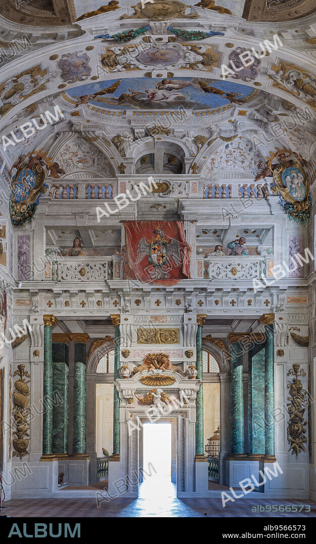 Sassuolo, Este Ducal Palace; Hall of the Guards: the ceiling of the hall with the Bologna Quarters by Angelo Michele Colonna, Agostino Mitelli, Baldassarre Bianchi and Gian Giacomo Monti. At the centre: "The Muses present to Apollo the literary works promoted by the Dukes of Este. View towards the South West wall.