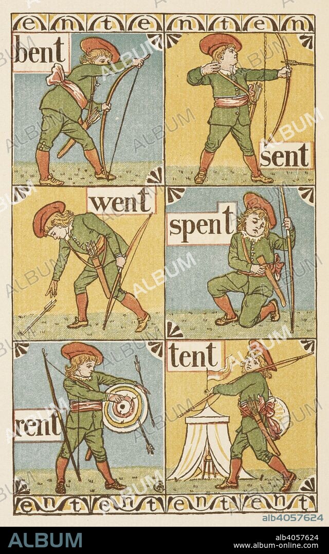 Rhyming words ending in the letter T. A boy with a bow and arrow. The Golden primer. . The Golden Primer. [In verse. With illustrations by Walter Crane.]. 2 pt. Blackwood & Sons: London, 1884. Source: 12805.w.33, part 2, page 16.