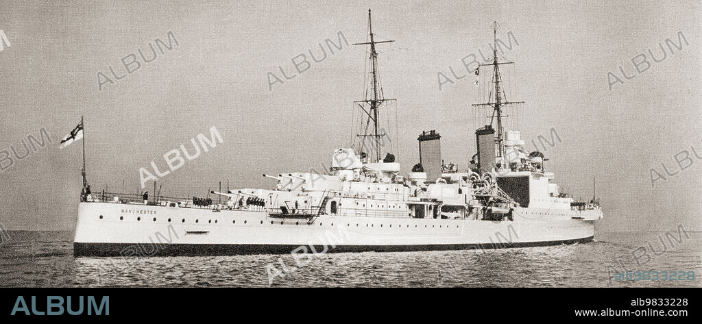 HMS Liverpool, a Town-class light cruiser of the Royal Navy in service from 1938 to 1952. From British Warships, published 1940.