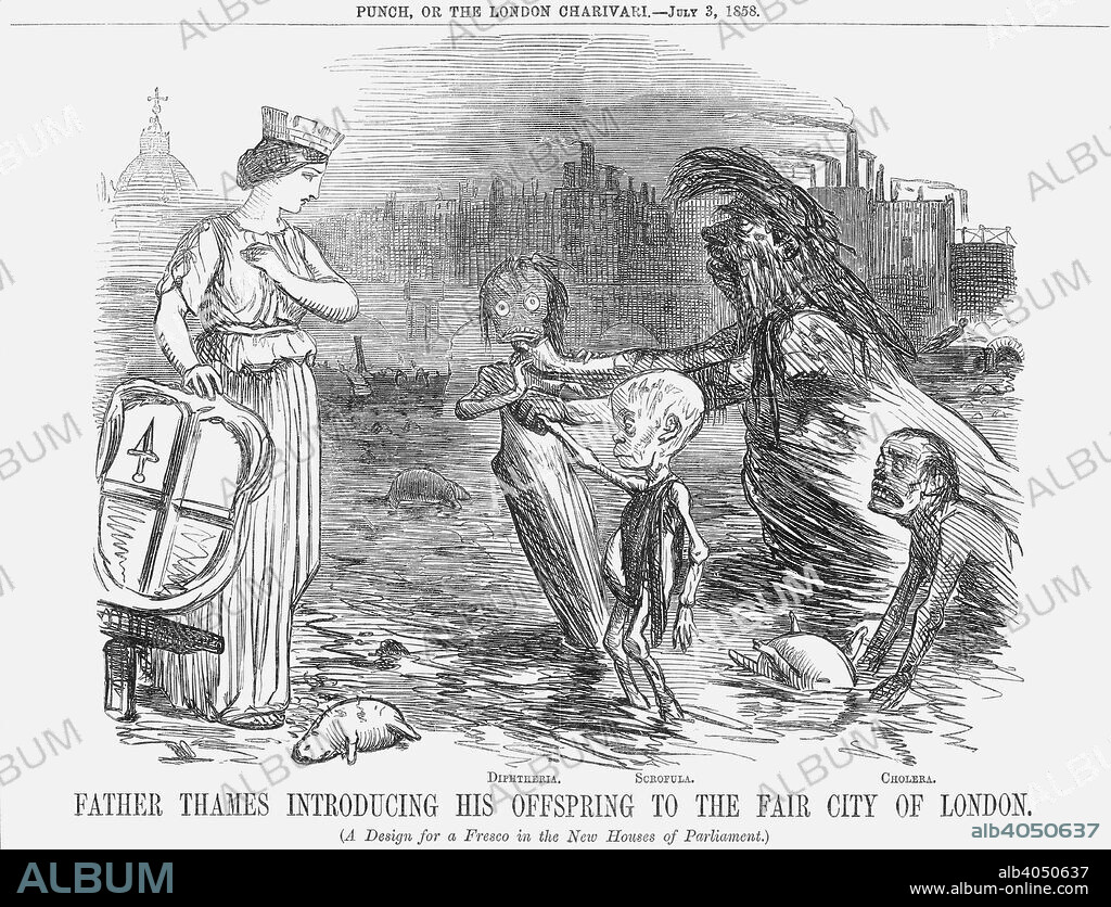 'Father Thames introducing his offspring to the fair city of London.', 1858. '(A design for a Fresco in the New Houses of Parliament.)'  Father Thames introduces his children, Diptheria, Scrofula and Cholera to the lady on the left who represents the City of London. In the background, to the left, can be seen the murky outline of St. Paul's. The architect, George Godwin, in his work Town Swamps and Social Bridges had described how a man living by the Thames had been able to tell the time by the constant reappearance with the sluggish tide of a swollen, dead dog. The summer of 1858 had been very dry and this had heightened the everyday problems caused by the usual filthy state of the Thames. A poem in Punch, Bake, bake, bake, includes the lines, 'And the swoln dead dogs go down Through the bridges, past Tow'r Hill'. This is a play on the title of Tennyson's famous poem, Break, Break, Break.  'From Punch, or the London Charivari, July 3, 1858.