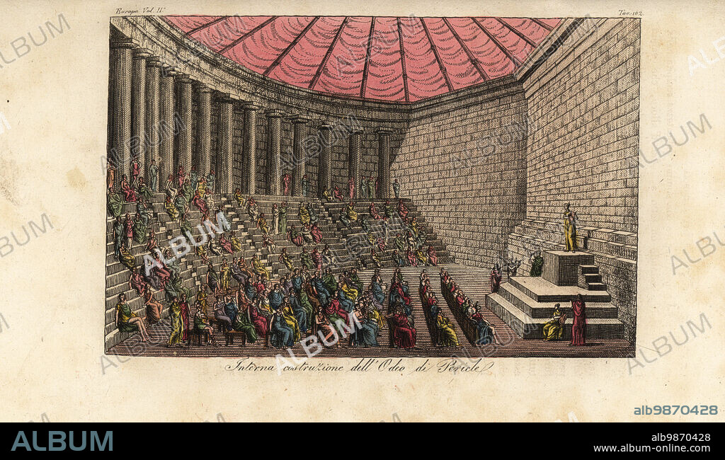 Interior of the Odeon of Athens or Odeon of Pericles in Athens, Greece. Interna costruzione dellOdeo di Pericle. Handcoloured copperplate engraving after an illustration by Alessandro Sanquirico from Giulio Ferrarios Costumes Ancient and Modern of the Peoples of the World, Il Costume Antico e Moderno, Florence, 1826.