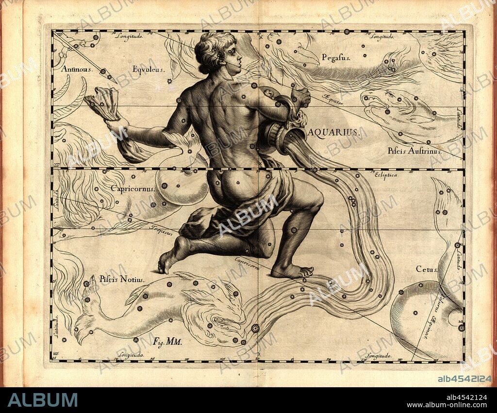 Aquarius, Map of the constellation Aquarius, Fig. 40, Fig. MM, to p. 21, Johannes Hevelius, Johann Ernst von Schmieden: Johannis Hevelii prodromus astronomiae, exhibens fundamenta, quae tam ad novum planè & correctiorem stellarum fixarum catalogum construendeum, quàm ad onmium planetarum tabulas corrigendas omnimodè spectant; nec non novas & correctiores tabulas solares, aliasque plurimas ad astronomiam pertinentes [...]. Gedani: typis Johannis-Zachariae Stollii, 1690.