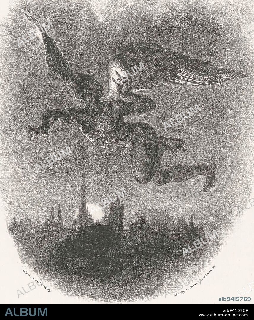 Mephisto flies above the city De temps en temps j'aime à voir le vieux Père (...) Faust (series title) Faust, tragédie de M. de Goethe (series title), print maker: Eugène Delacroix, (mentioned on object), printer: Charles Etienne Pierre Motte, printer: Goyer & Hermet, (mentioned on object), Paris, 1828, paper, h 485 mm - w 320 mm.