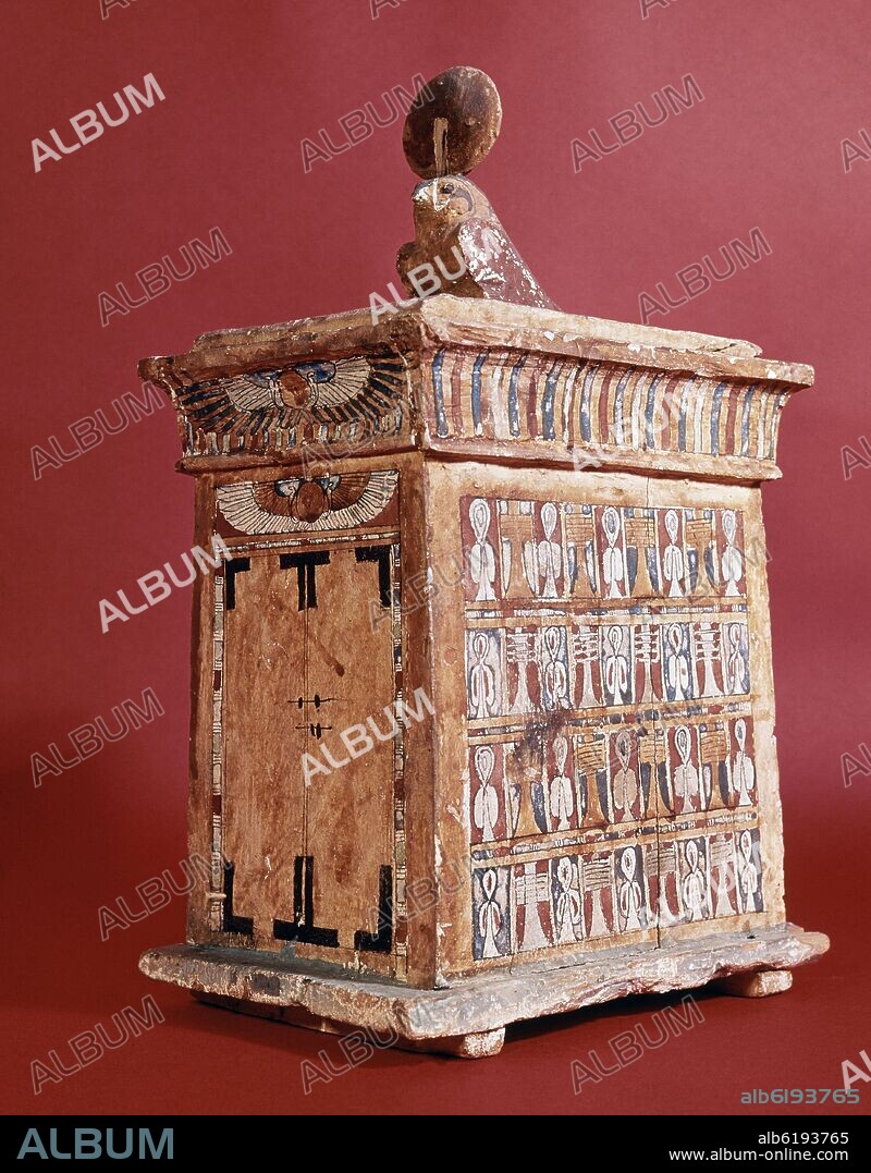 CAJA DE USHEBTIS DE JABEJENT, SERVIDOR EN LA ESTANCIA DE LA VERDAD - 1295-1186 AC - DINASTIA XIX - MADERA PINTADA - ARTE EGIPCIO.