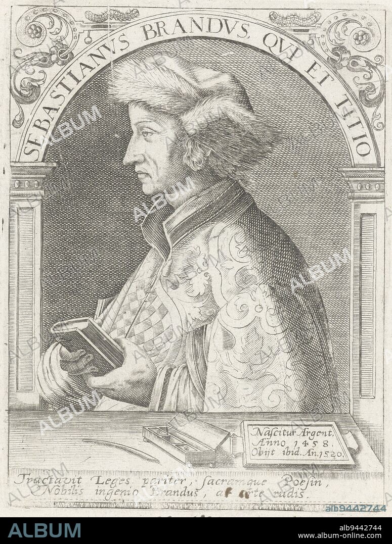 Portrait of Sebastian Brant, Cornelis Galle (I), after Jean Jacques Boissard, c. 1597 - c. 1599, Portrait of the humanist Sebastian Brant with fur hat and a book in his hands. On the table is a quill. Below the portrait a Latin verse., print maker: Cornelis Galle (I), Jean Jacques Boissard, (possibly), unknown, c. 1597 - c. 1599, paper, engraving, h 140 mm × w 100 mm.