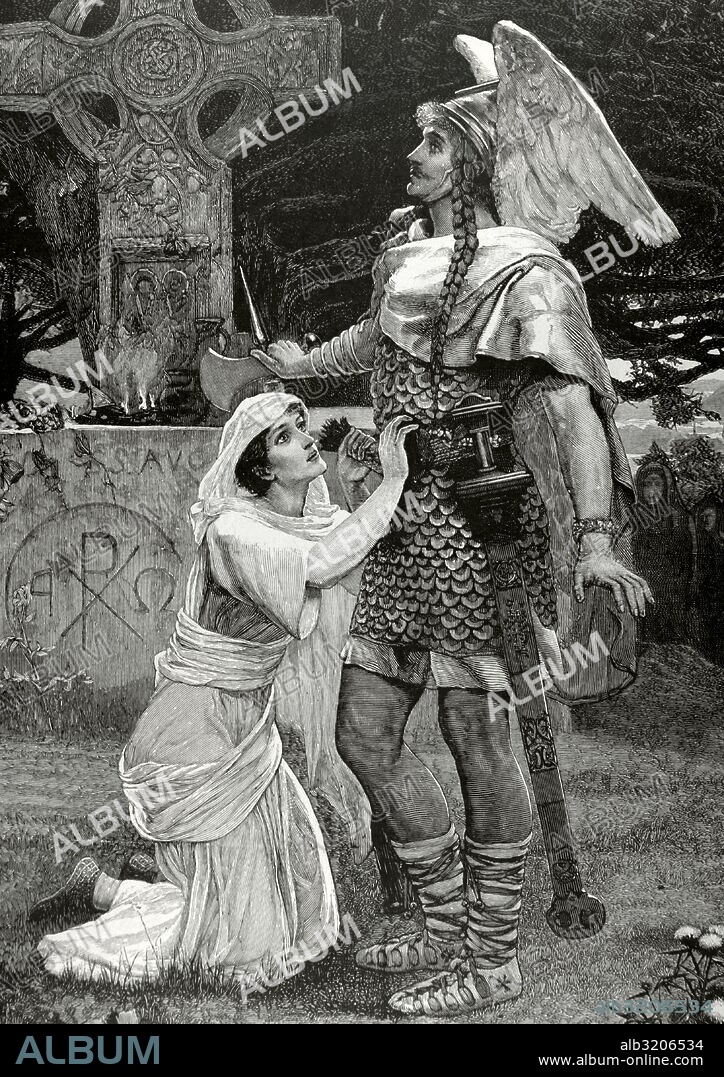 Sir Galahad. Pesonaje ficticio, caballero de la Mesa Redonda del rey Arturo y uno de los tres que alcanzó el Grial en las leyendas artúricas. Grabado de un cuadro titulado Sir Galahad del pintor inglés Herbert Gustave Schmalz (1856-1935). La Ilustración Ibérica, 1886.
