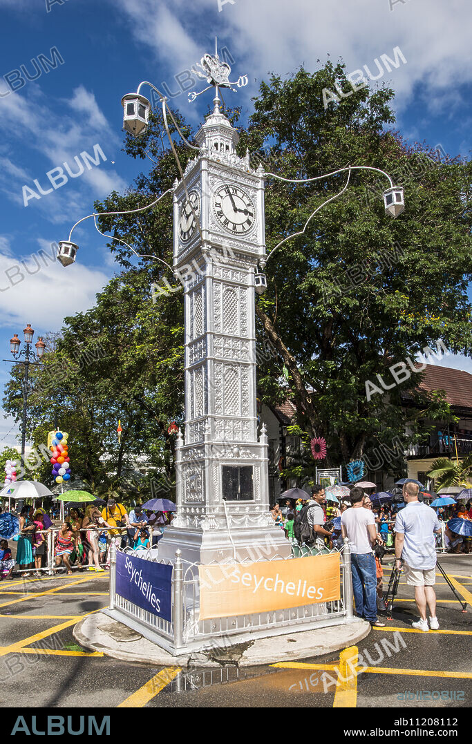 The Victoria Clocktower in downtown Victoria, Mahe, Republic of Seychelles, Indian Ocean, Africa.