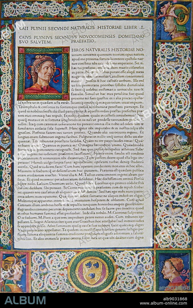 Jacopo Filippo D'Argenta: Illuminated page - Pliny, Historia Naturalis. Venice, Jenson. 1472.